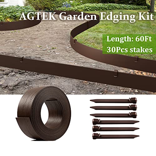 AGTEK 60FT Plastic Landscape Edging Coil Kit 4in. High Terrace Board Garden Edging Border Lawn Edging Roll for Flower Bed Lawn Yard, Black with 30 Spikes,3mm Thin, Brown