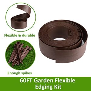 AGTEK 60FT Plastic Landscape Edging Coil Kit 4in. High Terrace Board Garden Edging Border Lawn Edging Roll for Flower Bed Lawn Yard, Black with 30 Spikes,3mm Thin, Brown