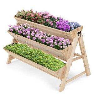 safstar 3-tier vertical garden bed, wooden elevated planter bed with legs, storage shelf, 2 hooks, raised bed kit for flower vegetable herb, outdoor plant box stand for yard garden balcony planter