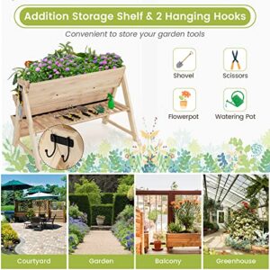 Safstar 3-Tier Vertical Garden Bed, Wooden Elevated Planter Bed with Legs, Storage Shelf, 2 Hooks, Raised Bed Kit for Flower Vegetable Herb, Outdoor Plant Box Stand for Yard Garden Balcony Planter