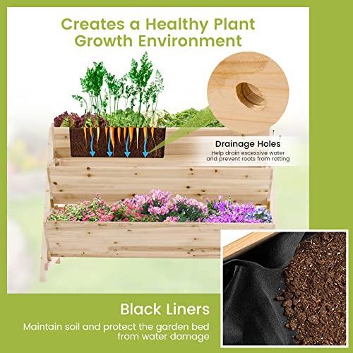 Safstar 3-Tier Vertical Garden Bed, Wooden Elevated Planter Bed with Legs, Storage Shelf, 2 Hooks, Raised Bed Kit for Flower Vegetable Herb, Outdoor Plant Box Stand for Yard Garden Balcony Planter