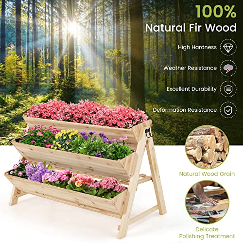 Safstar 3-Tier Vertical Garden Bed, Wooden Elevated Planter Bed with Legs, Storage Shelf, 2 Hooks, Raised Bed Kit for Flower Vegetable Herb, Outdoor Plant Box Stand for Yard Garden Balcony Planter