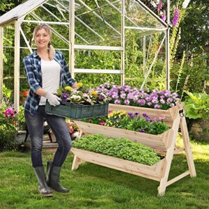 Safstar 3-Tier Vertical Garden Bed, Wooden Elevated Planter Bed with Legs, Storage Shelf, 2 Hooks, Raised Bed Kit for Flower Vegetable Herb, Outdoor Plant Box Stand for Yard Garden Balcony Planter