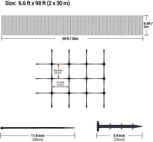 Ohuhu 6.8 x 100 FT Heavy Duty Bird Netting with Cable Ties & Ground Nails, PP Material Anti-Bird Reusable Garden Netting for Fruit, Vegetable, Plant Trees, Plastic Deer Netting Fencing Protection