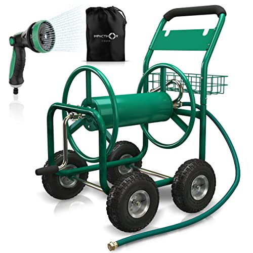 IMPACTHOR Garden Hose Reel Cart - 4 Wheels Heavy Duty Hose Cart, Nozzle & Waterproof Cover Cart Included - Holds up to 250 Feet 5/8 Inch Hose