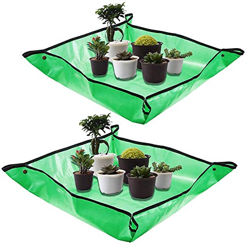 2Pack Plant Repotting Square Mats,39.3Inch Foldable Garden Transplanting Work Cloth,Waterproof Dirty Catcher Gardening Succulent Potting Tarp for Indoor Bonsai Succulents Plant Care (Green)