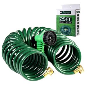 yereen coil garden hose 25ft, eva recoil garden hose, heavy duty self-coiling hose coil with corrosion-resistant solid brass fittings, retractable collapsible water hose with 7 function water sprayer