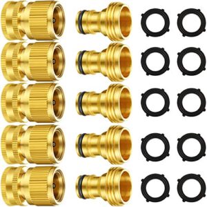 5 set garden hose quick connect fittings solid brass quick connector 3/4 inch ght garden water hose connectors with extra rubber washers, male and female