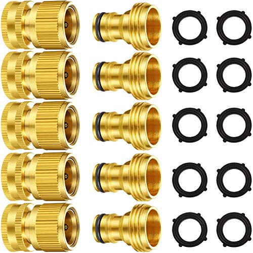 5 Set Garden Hose Quick Connect Fittings Solid Brass Quick Connector 3/4 Inch GHT Garden Water Hose Connectors with Extra Rubber Washers, Male and Female