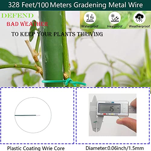 Cyauatt 328 Feet Diameter 0.06"/1.5mm Plant Twist Tie with Plastic Coated, Multipurpose Green Gardening Metal Wire,Garden Plant Training Wire Suitable for Gardening ,Home and Office