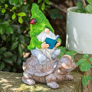 ovewios garden gnome sitting on turtle outdoor statues and sculpture with solar lights, resin garden gnome solar statues and turtle figurines for patio yard lawn porch outdoor garden decorations