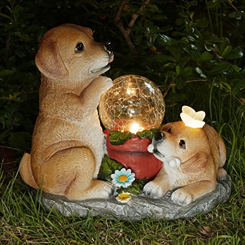 Garden Dog Statues with Solar Lights for Outdoor Garden Decor, Resin Garden Sculptures & Figurines for Patio, Balcony, Yard, Lawn Ornament, Housewarming Garden Gift