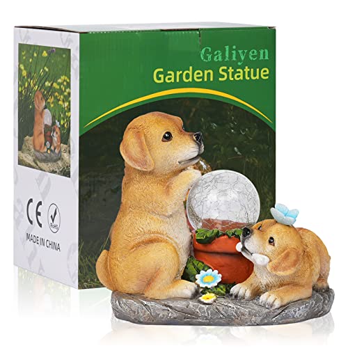 Garden Dog Statues with Solar Lights for Outdoor Garden Decor, Resin Garden Sculptures & Figurines for Patio, Balcony, Yard, Lawn Ornament, Housewarming Garden Gift