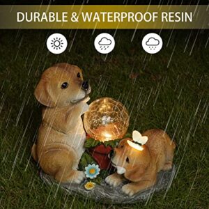 Garden Dog Statues with Solar Lights for Outdoor Garden Decor, Resin Garden Sculptures & Figurines for Patio, Balcony, Yard, Lawn Ornament, Housewarming Garden Gift