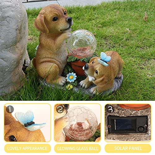 Garden Dog Statues with Solar Lights for Outdoor Garden Decor, Resin Garden Sculptures & Figurines for Patio, Balcony, Yard, Lawn Ornament, Housewarming Garden Gift