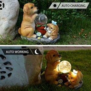 Garden Dog Statues with Solar Lights for Outdoor Garden Decor, Resin Garden Sculptures & Figurines for Patio, Balcony, Yard, Lawn Ornament, Housewarming Garden Gift