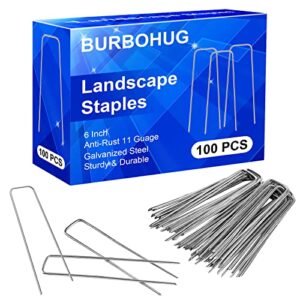 landscape staples, 100 pack anti-rust galvanized garden stakes u-shaped heavy-duty landscape pins for sod anchoring landscape fabric ground cover irrigation tubing & artificial turf
