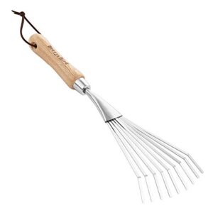 berry&bird gardening hand shrub rake, 14.7″ stainless steel grass rake, 9 tines fan lawn leaf with ergonomic wooden handle, small hand rake for sweep leaves & loose debris in garden, lawns and yards