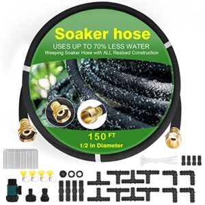 hzyoumu soaker hose with solid brass connectors 150 ft for garden beds 1/2 inch rubber longer lasting drip irrigation save 70% of water various accessories great for lawn and yard