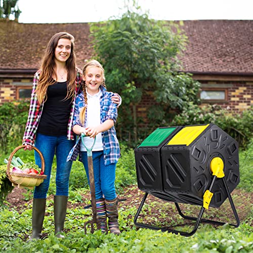 Compost Bin Tumbling Composter Rotating w/ 2 Sliding Doors Compost Bin, Dual Chamber All Season Heavy Duty Outdoor Gardening Composting Tumblers Garden Yard (37 Gallon, Black)