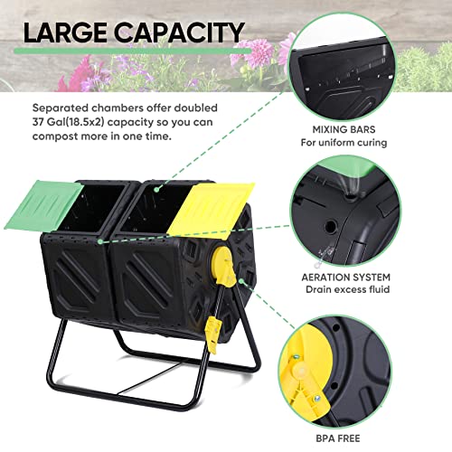 Compost Bin Tumbling Composter Rotating w/ 2 Sliding Doors Compost Bin, Dual Chamber All Season Heavy Duty Outdoor Gardening Composting Tumblers Garden Yard (37 Gallon, Black)