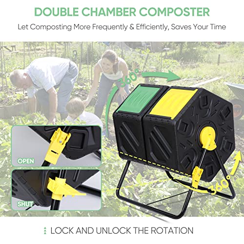 Compost Bin Tumbling Composter Rotating w/ 2 Sliding Doors Compost Bin, Dual Chamber All Season Heavy Duty Outdoor Gardening Composting Tumblers Garden Yard (37 Gallon, Black)