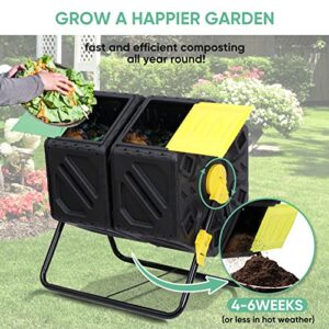 Compost Bin Tumbling Composter Rotating w/ 2 Sliding Doors Compost Bin, Dual Chamber All Season Heavy Duty Outdoor Gardening Composting Tumblers Garden Yard (37 Gallon, Black)