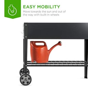 Best Choice Products Elevated Mobile Raised Ergonomic Metal Planter Garden Bed for Backyard, Patio w/Wheels, Lower Shelf, 38x16x32in, Dark Gray