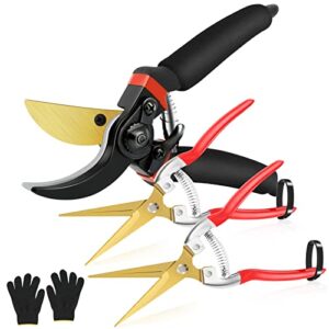 pruning shears for gardening 3 pack, weika 8.5″ professional titanium bypass garden shears and 2 8.3″ garden scissors and gloves, ultra sharp pruners clippers for trimming bushes flowers plants