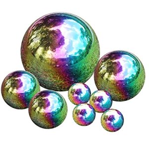 kunjocy stainless steel gazing ball, 8 pcs 50-150mm rainbow mirror hollow ball reflective garden sphere, floating pond balls gazing globe for home garden decorations (8 pcs mix)