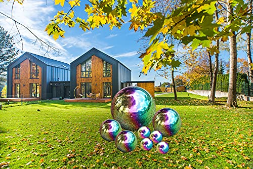 Kunjocy Stainless Steel Gazing Ball, 8 Pcs 50-150mm Rainbow Mirror Hollow Ball Reflective Garden Sphere, Floating Pond Balls Gazing Globe for Home Garden Decorations (8 Pcs Mix)