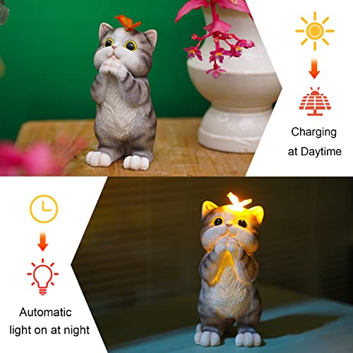 Pohabery Garden Outdoor Decor Cat Statue with Solar Butterfly Light Cat Garden Decor Solar Cat Yard Decor for Patio, Balcony, Yard, Lawn Ornament