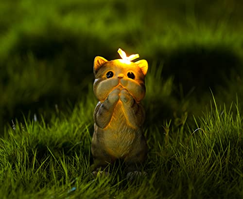 Pohabery Garden Outdoor Decor Cat Statue with Solar Butterfly Light Cat Garden Decor Solar Cat Yard Decor for Patio, Balcony, Yard, Lawn Ornament