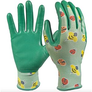 digz youth stretch garden and yardwork gloves with nitrile coating | single pair | color: bees & ladybugs | size: one size fits most youth