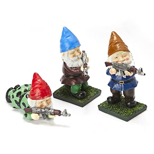 Military Soldier Garden Gnomes | Set of 3 | Gnome Army Combat Soldier Guardian - Lawn Statues Guns , Porch & Yard Art Decor, Hunting, Patriotic, AK47, Gun, Shotgun Lover, Indoor & Outdoor Valentines