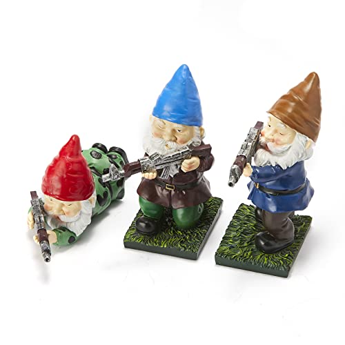 Military Soldier Garden Gnomes | Set of 3 | Gnome Army Combat Soldier Guardian - Lawn Statues Guns , Porch & Yard Art Decor, Hunting, Patriotic, AK47, Gun, Shotgun Lover, Indoor & Outdoor Valentines