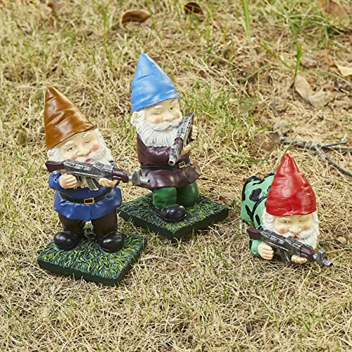 Military Soldier Garden Gnomes | Set of 3 | Gnome Army Combat Soldier Guardian - Lawn Statues Guns , Porch & Yard Art Decor, Hunting, Patriotic, AK47, Gun, Shotgun Lover, Indoor & Outdoor Valentines