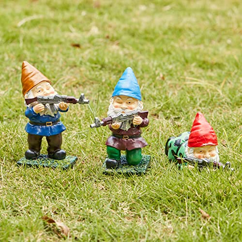 Military Soldier Garden Gnomes | Set of 3 | Gnome Army Combat Soldier Guardian - Lawn Statues Guns , Porch & Yard Art Decor, Hunting, Patriotic, AK47, Gun, Shotgun Lover, Indoor & Outdoor Valentines