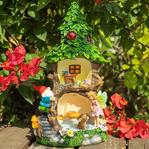 Ovewios Fairy House Statues Outdoor Decor, Large Garden Gnome House Figurines with Solar Lights Waterproof Resin Outdoor Statues for Patio Yard Lawn Decorations