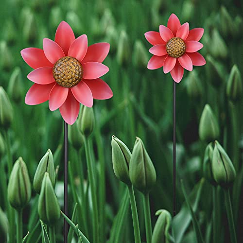 WONDER GARDEN Wind Spinner 2 Pack Little Red Flowers 6 Inch Wind Spinners Outdoor Metal Clearance Wind Spinners for Yard Garden Decoration