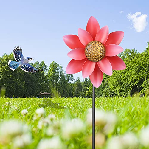 WONDER GARDEN Wind Spinner 2 Pack Little Red Flowers 6 Inch Wind Spinners Outdoor Metal Clearance Wind Spinners for Yard Garden Decoration