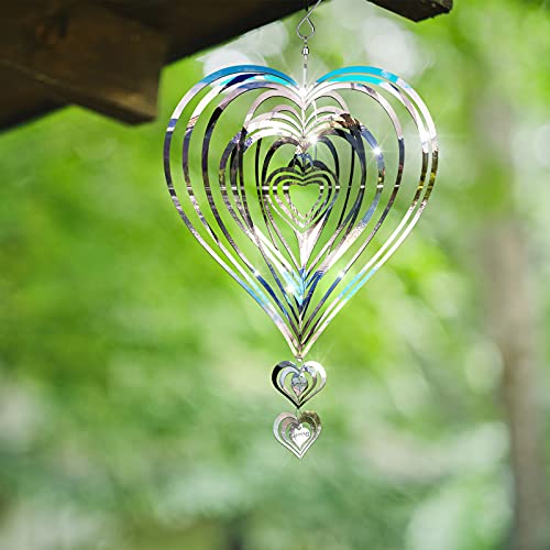 Chitidr 3D Stainless Steel Wind Spinner Beating Heart Wind Spinner Flowing-Light Effect Wind Chime with 2 Pieces Mini Heart Decor for Outdoor Garden Decorations