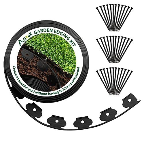 AGTEK 40FT Plastic Landscape Edging Kit 2in. Height No-Dig Garden Edging Border Lawn Edging Roll for Flower Bed Lawn Yard, Black with 36 Spikes