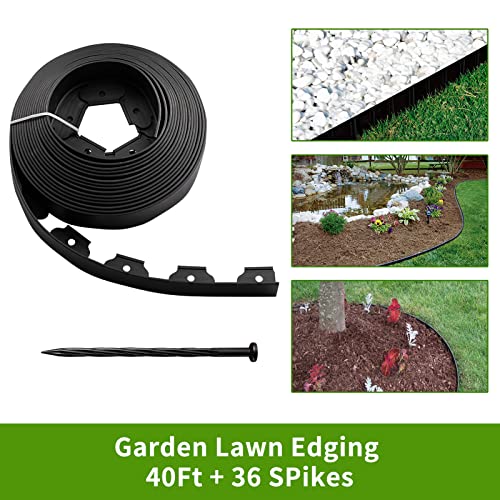 AGTEK 40FT Plastic Landscape Edging Kit 2in. Height No-Dig Garden Edging Border Lawn Edging Roll for Flower Bed Lawn Yard, Black with 36 Spikes