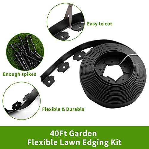 AGTEK 40FT Plastic Landscape Edging Kit 2in. Height No-Dig Garden Edging Border Lawn Edging Roll for Flower Bed Lawn Yard, Black with 36 Spikes