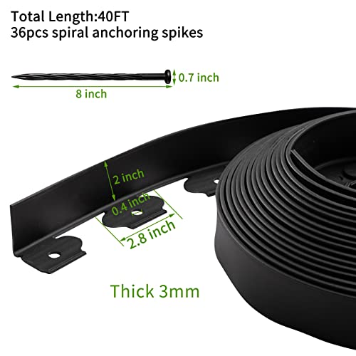 AGTEK 40FT Plastic Landscape Edging Kit 2in. Height No-Dig Garden Edging Border Lawn Edging Roll for Flower Bed Lawn Yard, Black with 36 Spikes