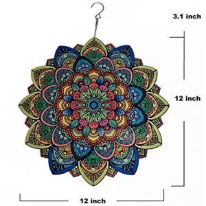 Mandala Wind Spinners for Yard and Garden, 3D Stainless Steel Hanging Spinner for Outdoor & Indoor Decorations, 360 Degree Swivel, 12 inch Spinner