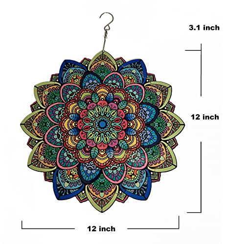 Mandala Wind Spinners for Yard and Garden, 3D Stainless Steel Hanging Spinner for Outdoor & Indoor Decorations, 360 Degree Swivel, 12 inch Spinner