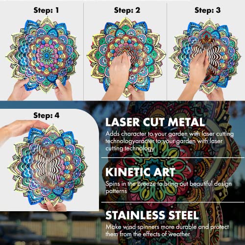 Mandala Wind Spinners for Yard and Garden, 3D Stainless Steel Hanging Spinner for Outdoor & Indoor Decorations, 360 Degree Swivel, 12 inch Spinner