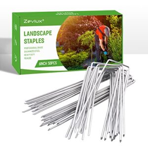 Zevlux Landscape Staples 6 Inch 50pcs 11 Gauge Garden Stakes, Heavy Duty Galvanized Garden Staple for Fences, Lawns, Weed Barriers, and Landscape Fabrics, Netting, Irrigation Hose, Floor Mats (6inch)